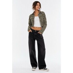 BDG Urban Outfitters Cropped Plaid Trucker Jacket XXS Green Raw Hem Grunge